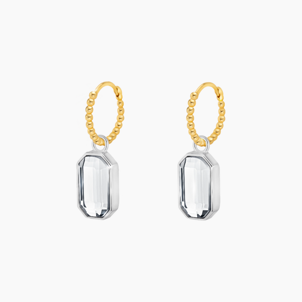 two tone earrings with drop down crystal baguette cut charm