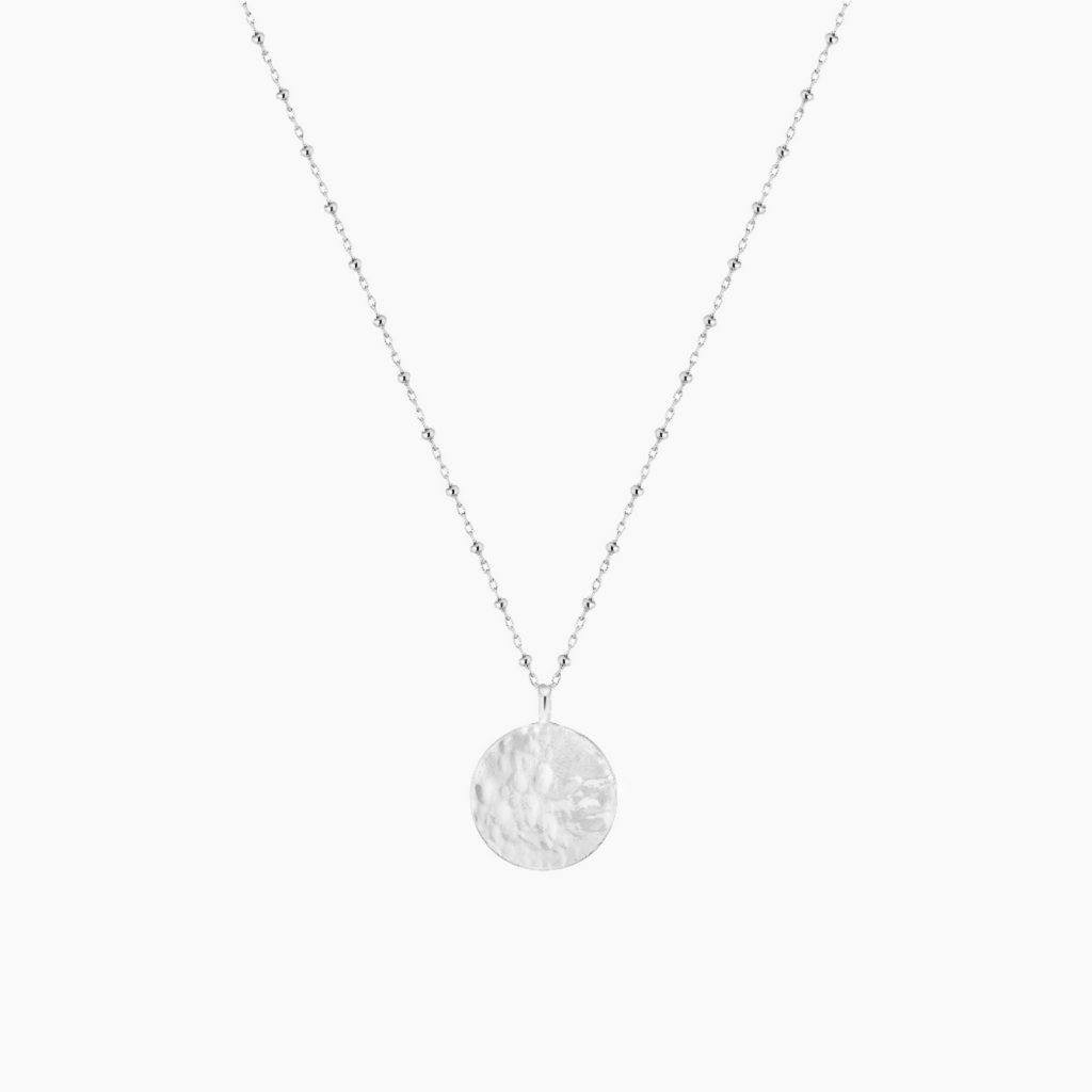 silver hammered pendant with satellite ball chain