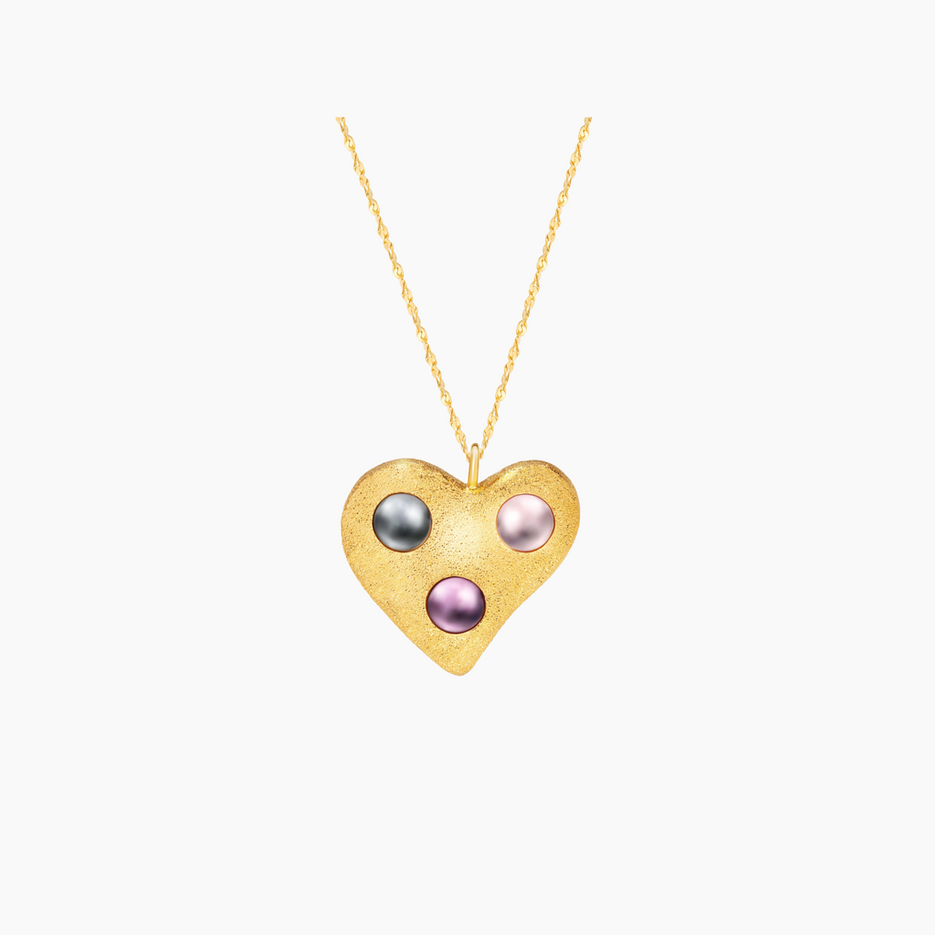 gold heart necklace with three colour pearls