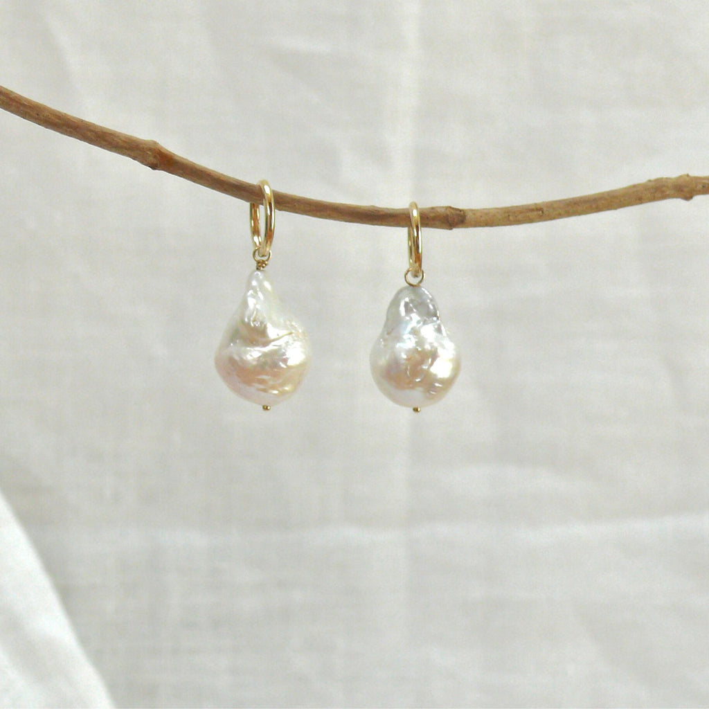 Golf huggie earrings with baroque pearl charm from the Harper collection by Misia Mae